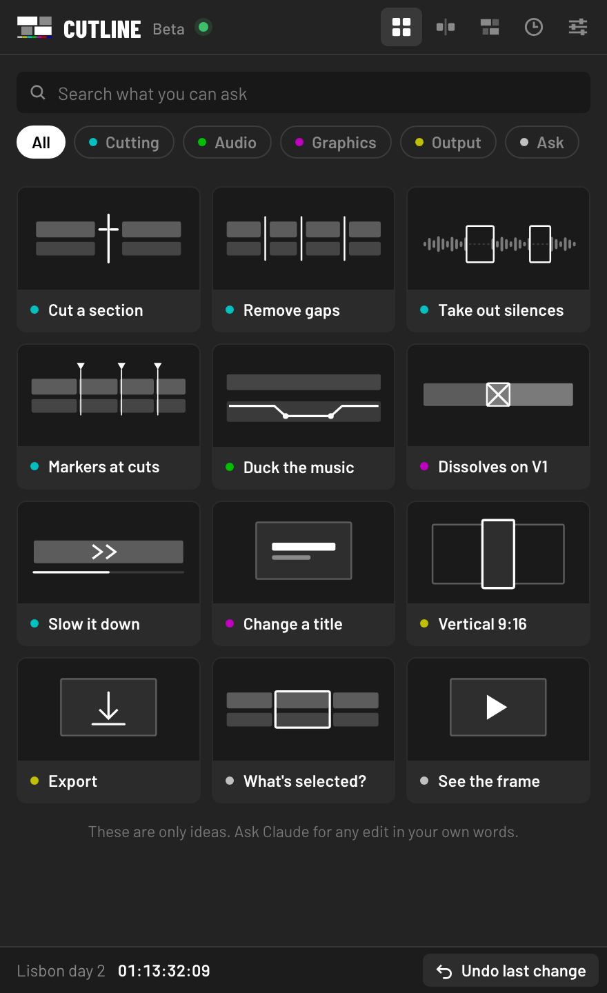 The Cutline Beta panel: a grid of picture tiles for things to ask for, such as Cut a section, Remove gaps and Duck the music, with the open sequence, its timecode and an Undo last change button along the bottom.